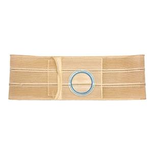 Adjustable beige ostomy belt with blue ring for stoma support, medical supply product
