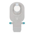 Transparent medical ostomy pouch with adhesive seal and closure, front view