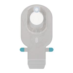 Transparent medical ostomy pouch with adhesive seal and closure, front view