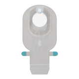 Transparent medical ostomy pouch with adhesive seal and closure, front view