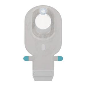 Transparent medical ostomy pouch with adhesive seal and closure, front view