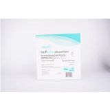 Box of bordered silicone foam medical dressing on white background, wound care supply