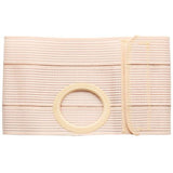 Elastic beige ostomy belt with central circular stoma opening on white background