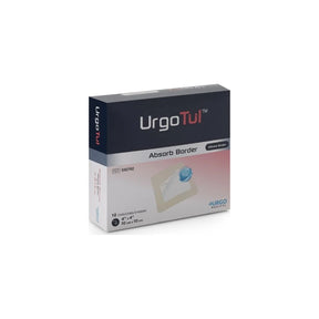Box of UrgoTul Absorb Border silicone wound dressing, 4x4 inch size, 10 units