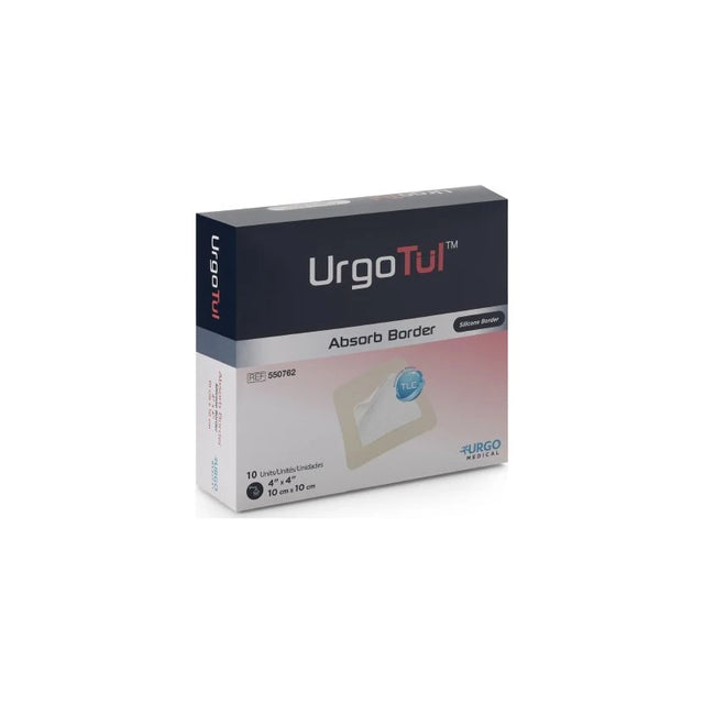 Box of UrgoTul Absorb Border silicone wound dressing, 4x4 inch size, 10 units