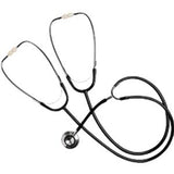 Dual head black stethoscope with flexible tubing on white background, medical supply