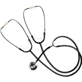 Dual head black stethoscope with flexible tubing on white background, medical supply