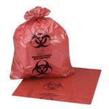 Red biohazard waste bag with black biohazard symbol for medical waste disposal