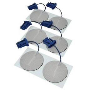 Round reusable electrode pads with blue lead wires for TENS or EMS therapy devices