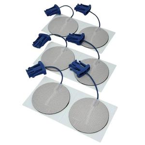 Round reusable electrode pads with blue lead wires for TENS or EMS therapy devices