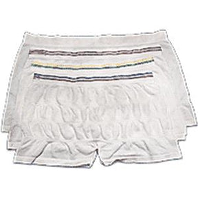 Stack of adult disposable incontinence underwear with elastic waistband on white background