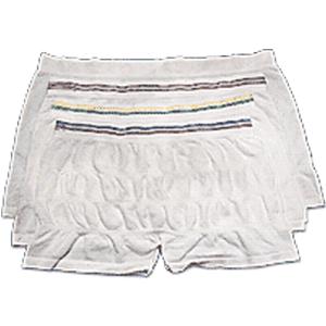 Stack of adult disposable incontinence underwear with elastic waistband on white background