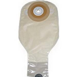 Closed beige ostomy pouch with adhesive barrier and filter, medical supply