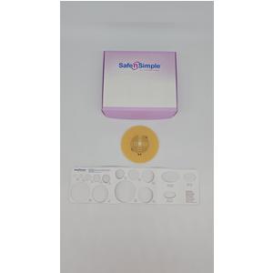 Ostomy barrier with stoma measuring guide and Safe n Simple packaging on light background