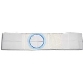 White ostomy belt with blue support ring for medical appliance securement