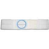 White medical abdominal support belt with blue stoma opening for ostomy patients
