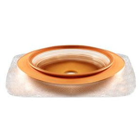 Convex hydrocolloid ostomy barrier ring for stoma care, on white background