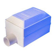 White rectangular medical device filter with tube connector on a plain background