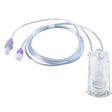 Sterile medical IV extension set with clear tubing and purple connectors on white background