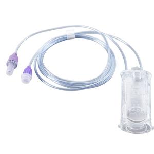Sterile medical IV extension set with clear tubing and purple connectors on white background