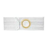 White medical abdominal ostomy belt with elastic support and circular stoma opening