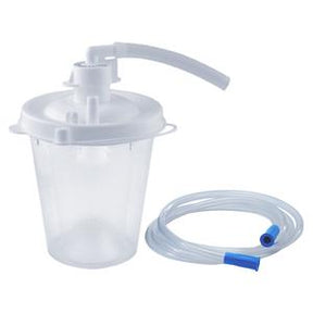 Medical suction canister with lid and attached tubing for home healthcare use