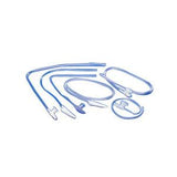 Assorted blue medical catheters and tubing on white background, essential medical supplies