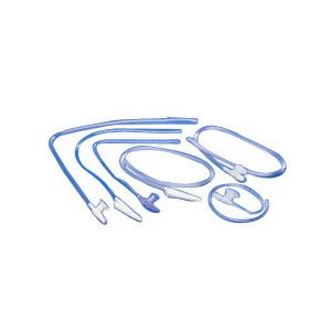 Assorted blue medical catheters and tubing on white background, essential medical supplies