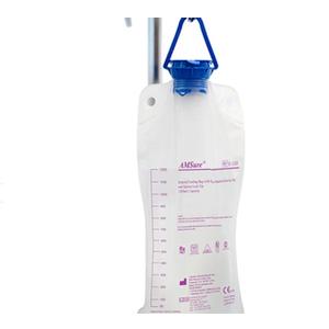 Medical drainage bag with measurement markings hanging from IV pole