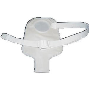 White ostomy bag with adjustable belt for medical use on white background