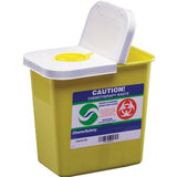 Yellow chemotherapy waste container with warning labels and secure lid for medical disposal