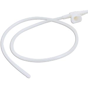Flexible medical feeding tube with connector on white background, essential medical supply.