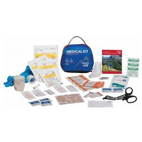 Comprehensive medical kit with supplies like bandages, gloves, scissors, and gauze.