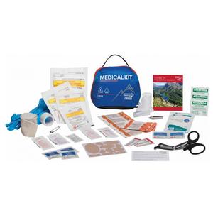 Comprehensive medical kit with supplies like bandages, gloves, scissors, and gauze.