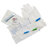 Sterile catheter kit with latex gloves, lubricant, wipes, and drainage bag for medical use