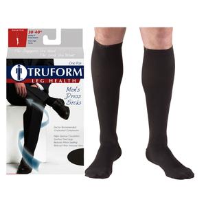 Black men's compression socks for leg health, shown on legs and in retail packaging