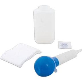 medical urine collection kit with plastic bottle, blue-lidded urinal, absorbent pad, and wipe