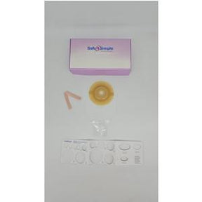 Ostomy care supplies kit with wafer, barrier strips, and Safe n Simple box on white background