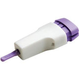Single-use safety lancet with purple tip for blood glucose testing on white background