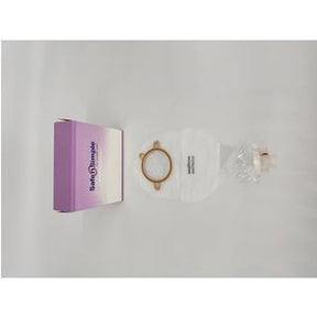 Stoma care kit with ostomy pouch, sealing ring, and packaging on white background