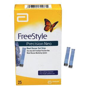 FreeStyle Precision Neo blood glucose test strips box with test strips for diabetes monitoring