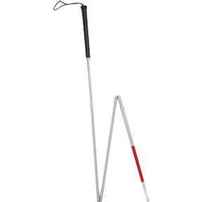 Folding white cane with black handle and red section for visually impaired mobility
