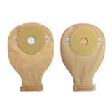 Two beige ostomy bags with adhesive barriers for medical use, displayed side by side