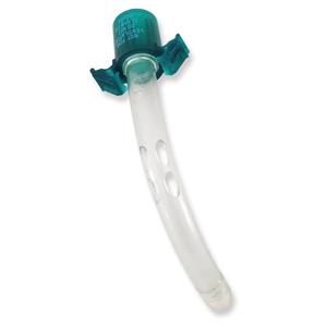 Curved tracheostomy tube with a green connector for respiratory medical use