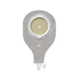 Gray closed ostomy bag with round adhesive barrier and drainable spout, on white background