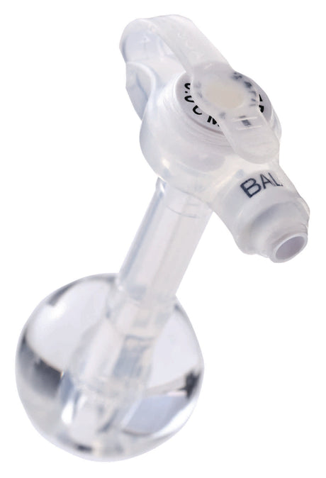 Close-up of a clear medical gastrostomy feeding tube with balloon tip on white background