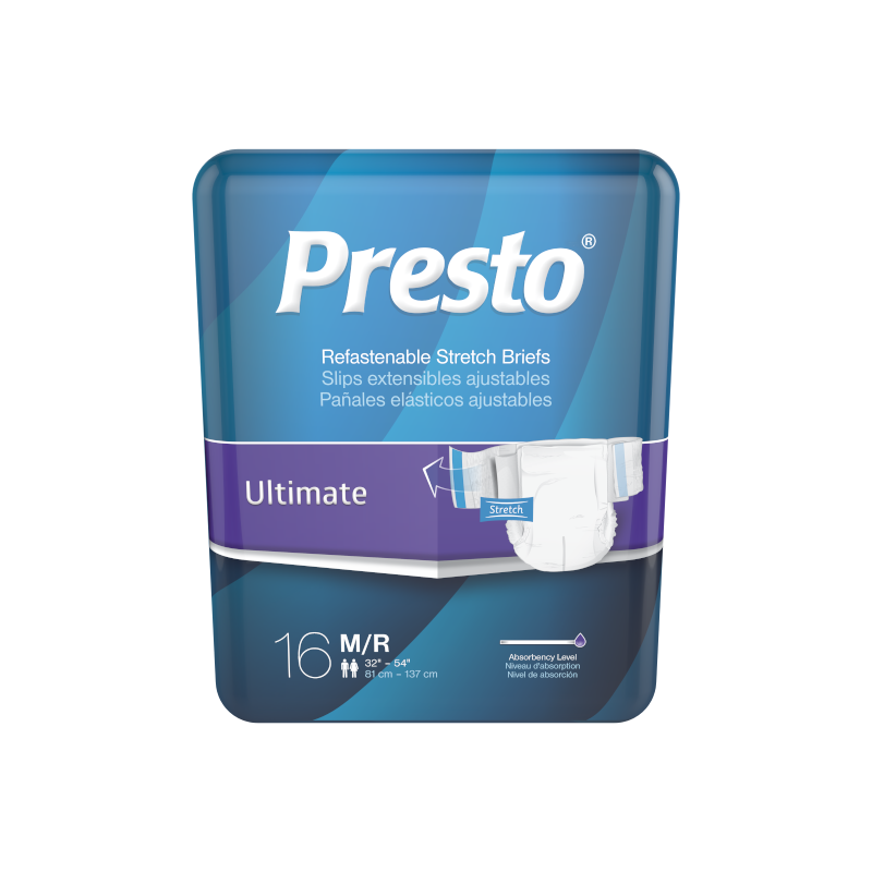 Presto Ultimate Stretch Incontinence Brief, Medium - Regular, Unisex, 16 Pack - 32" - 54"