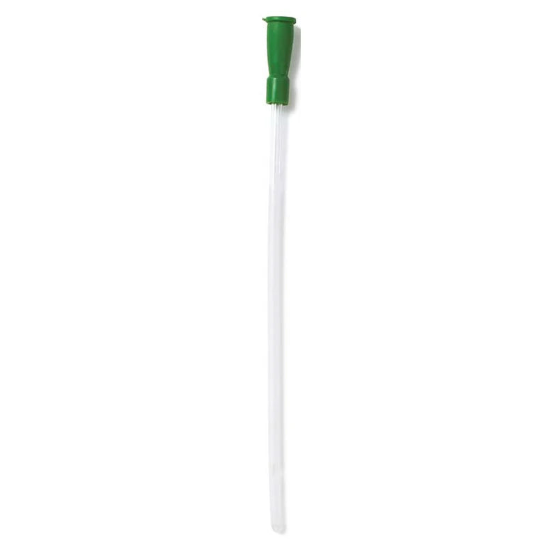 Sterile medical catheter with green funnel tip on white background