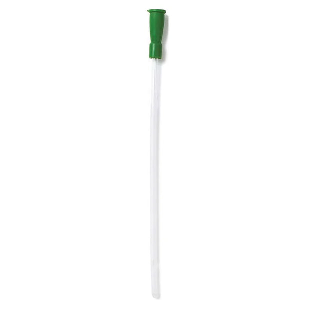Sterile medical catheter with green funnel tip on white background