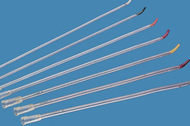 Assorted medical catheters with bent tips and color-coded ends on blue background